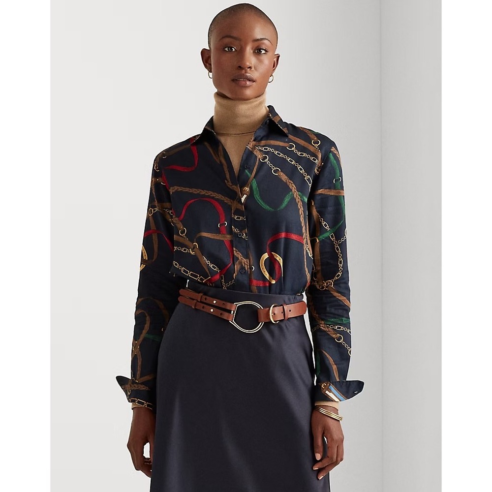 Ralph Lauren Button Down Women 2X Belt Chain Print Equestrian Preppy Old Money